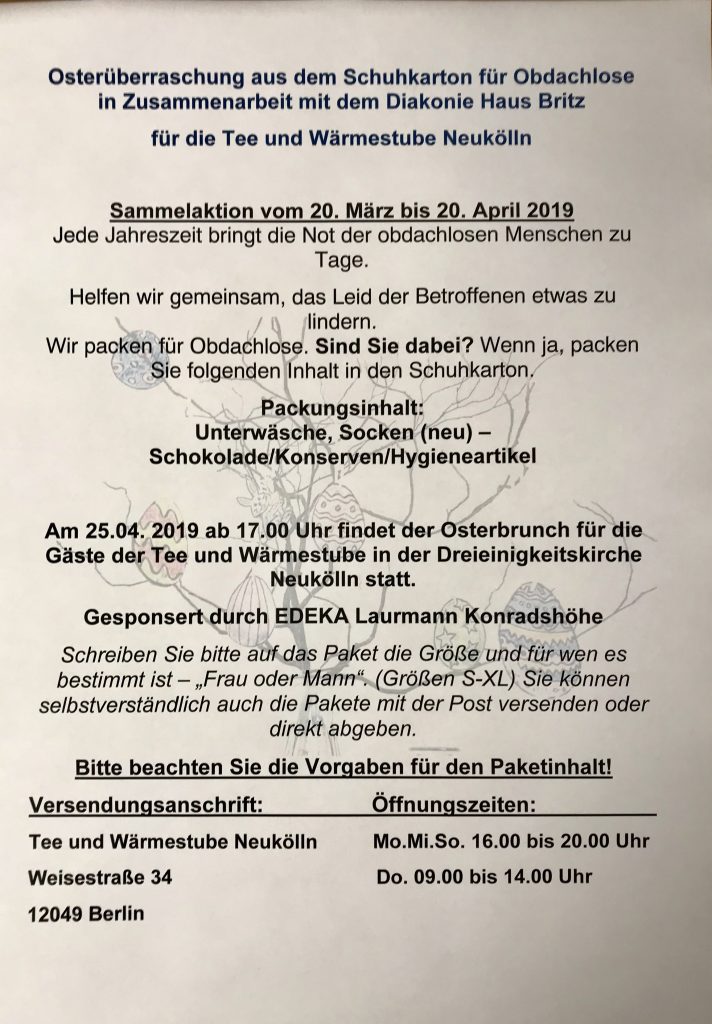 Osterüberraschung im Schuhkarton für die Tee und Wärmestube Neukölln