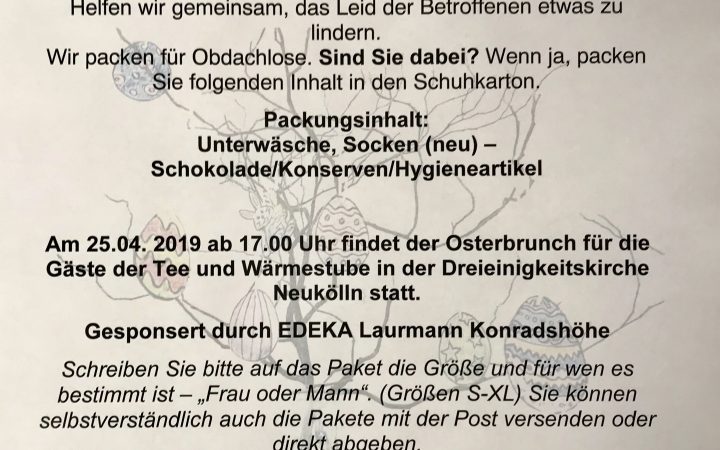 Osterüberraschung im Schuhkarton für die Tee und Wärmestube Neukölln